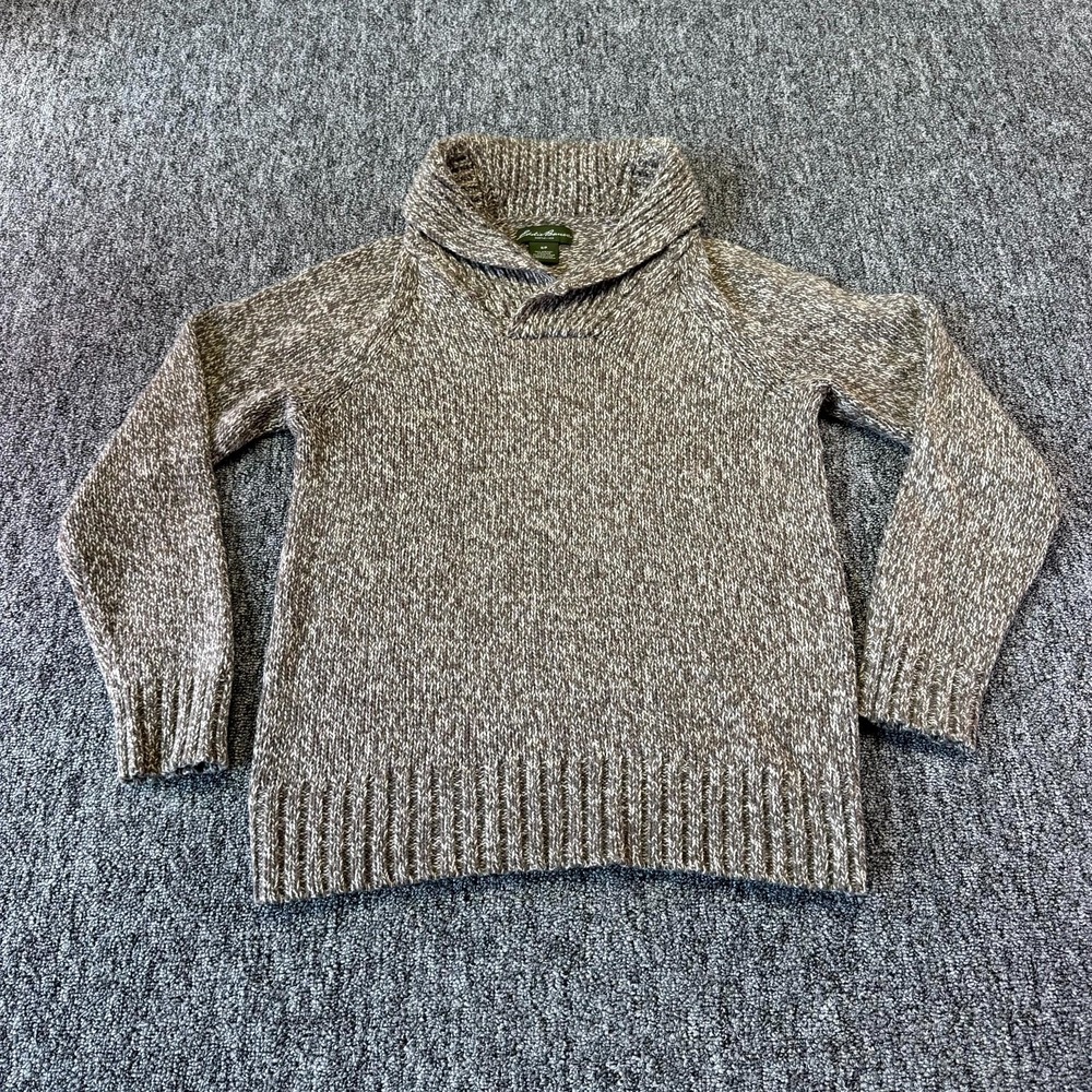 Vintage Eddie Bauer Sweater Mens Small Gray White Knit Shawl Collar Pullover
